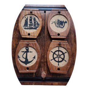Vintage Nautical Cork Coaster Set w/ Wood Barrel Wall Holder